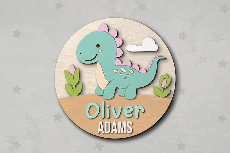 Aviso Circular con Nombre, Dinosaurio (Opción 1)