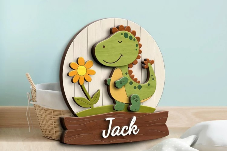 Aviso Circular con Nombre, Dinosaurio (Opción 2)