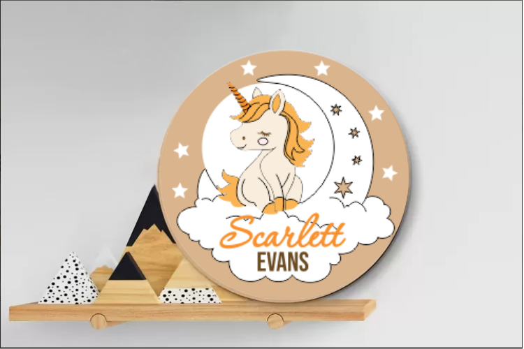 Aviso Circular con Nombre, Unicornio (Opción 3)