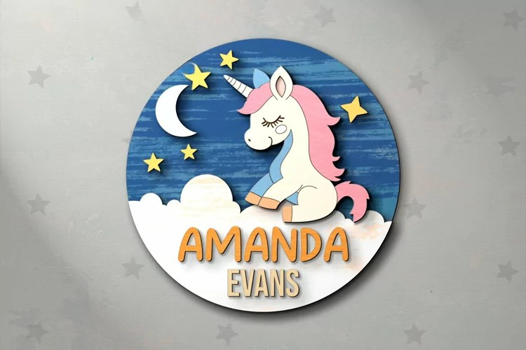 Aviso Circular con Nombre, Unicornio (Opción 4)