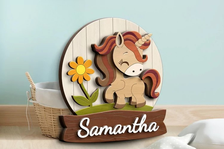 Aviso Circular con Nombre, Unicornio (Opción 6)